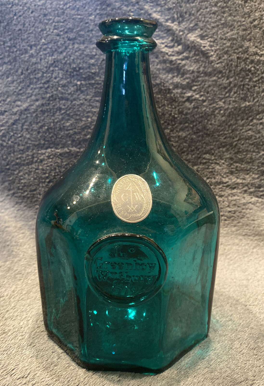 Jn Jno Greenhow Williamsburg 1770 Octagonal Teal Blue Glass Bottle Reproduction